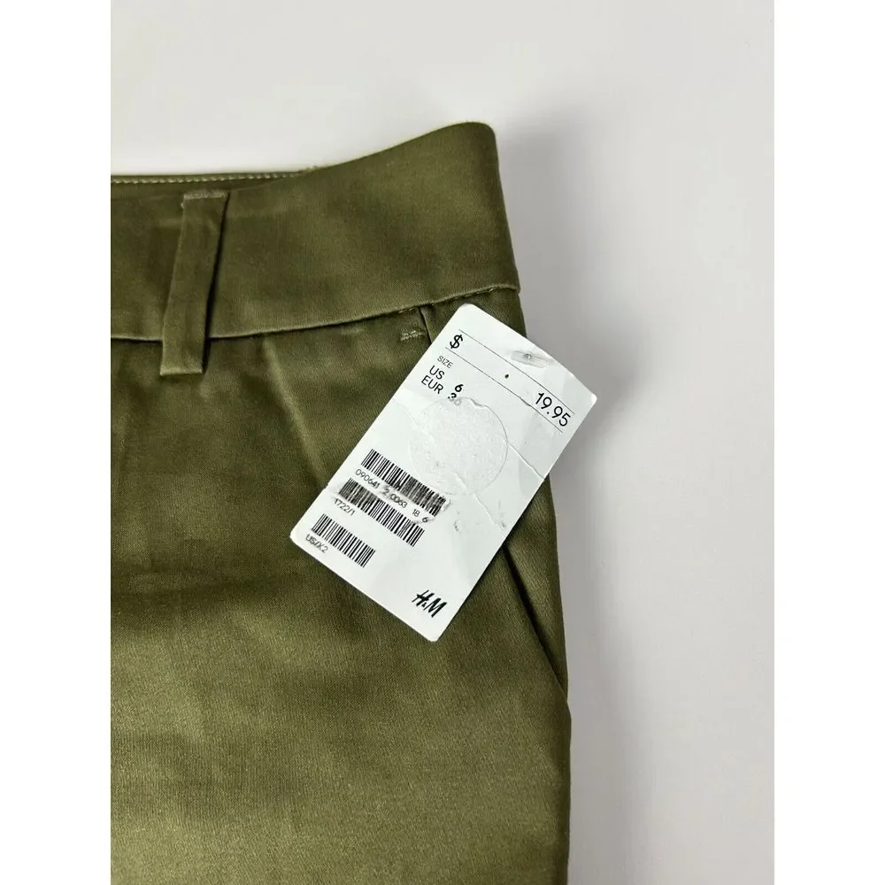 NWT‎ H&M Green Flat Front Zip Fly  Pocket Casual Chino Shorts Women's Size 6